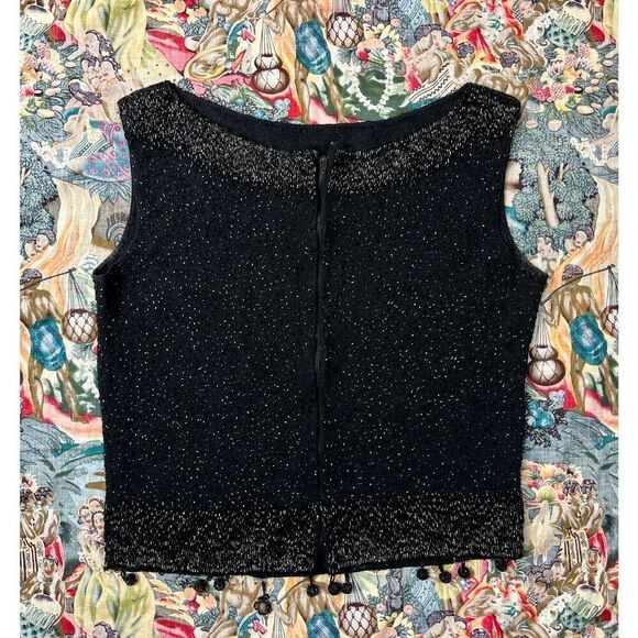 Vintage 1960s Mod Black Sparkly Beaded Tassel Sleeveless Sweater Sz S/M - Picture 4 of 6